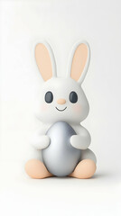 Obraz premium Cute 3D Easter bunny holding silver egg on white background, perfect for holiday cards.