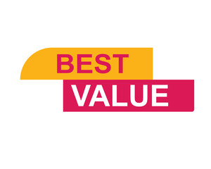 Best Value text on a ribbon. Designed with white title and pink stripe. Vector banner with tag on a transparent background.