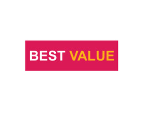Best Value text on a ribbon. Designed with white title and pink stripe. Vector banner with tag on a transparent background.
