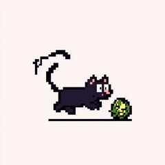 An 8-bit pixel art design of a playful cat chasing a glowing ball of yarn, set on a pastel pink background for a cute and quirky theme. 
