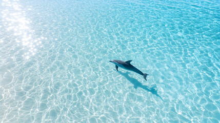 Naklejka premium Dolphin swimming in shallow turquoise ocean, sunny day, aerial view, travel brochure.