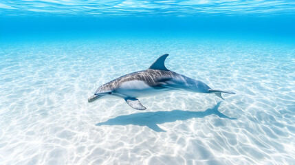 Naklejka premium Dolphin swimming shallow turquoise water, sunny seabed, ocean wildlife, marine conservation.