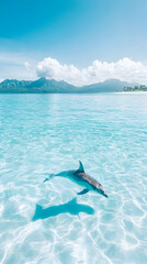 Dolphin swimming in tropical ocean, beach background, travel postcard.