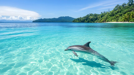 Fototapeta premium Dolphin swimming tropical ocean paradise island background travel brochure.