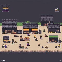 Obraz premium An intricate 8-bit pixel art of a bustling marketplace with glowing stalls, pixelated fruits, and tiny people, set on a pastel brown and orange background for a charming village theme. 