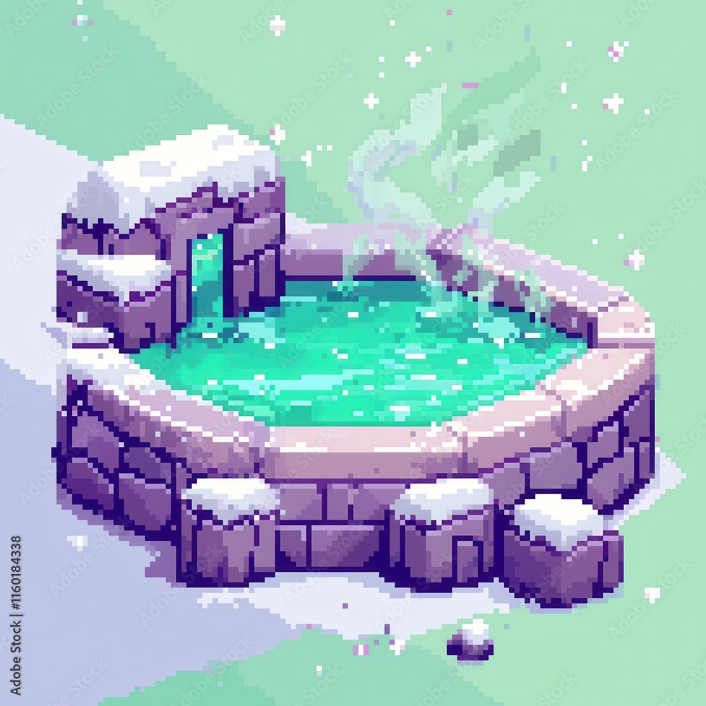 Poster An intricate 8-bit pixel art of a glowing hot spring surrounded by pixelated stones, steam rising with sparkles, and tiny glowing lanterns, set on a pastel grey and blue background for a relaxing 