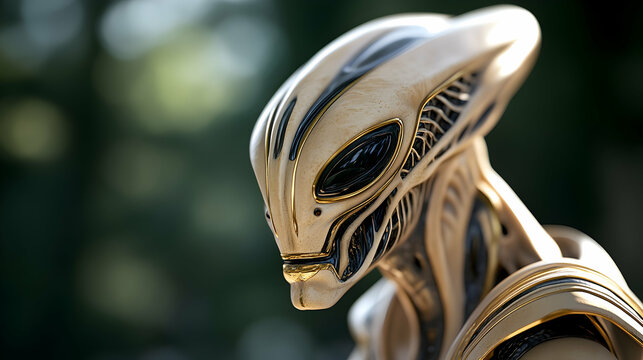 Elegant Alien Robot Headshot, Nature Background, Sci-Fi Film Poster.