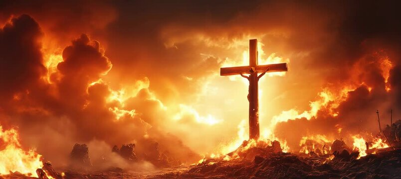 Jesus Cross symbol at burning hell landscape. Christianity religion faith worship spirituality concept. Generative video AI technology.	
