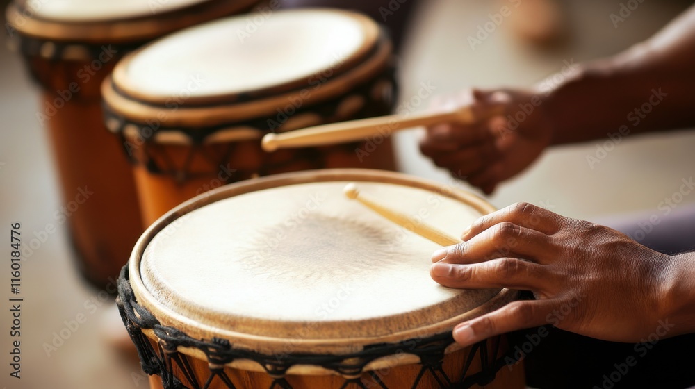 Poster a rhythmic drumming session in a minimalist studio, drums arranged with artistic precision, contempo