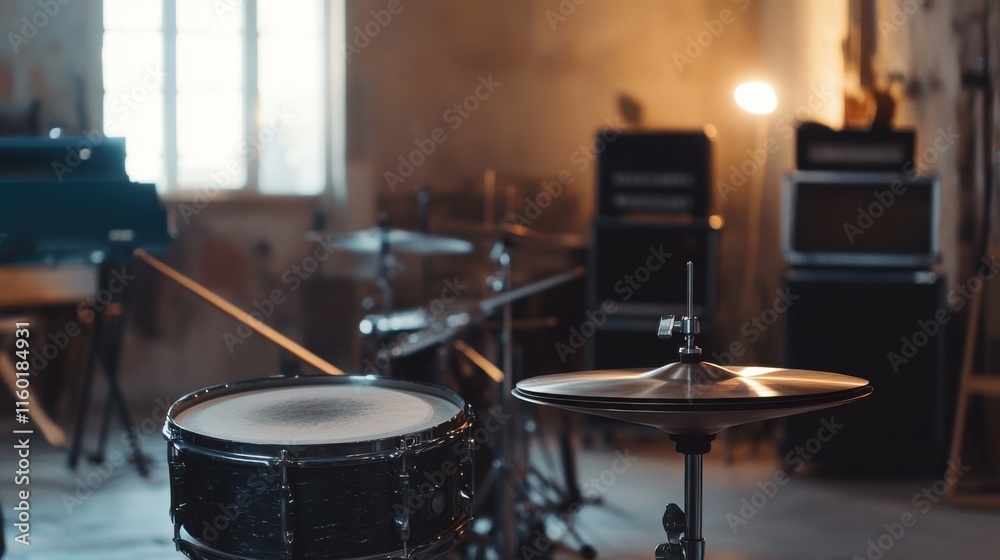 Aufkleber a rhythmic drumming setup in a minimalist studio, drums arranged with artistic precision, contempora