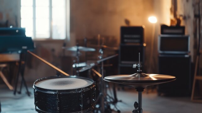A rhythmic drumming setup in a minimalist studio, Drums arranged with artistic precision, Contemporary musical style