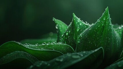 Dew drops on lush green leaves.