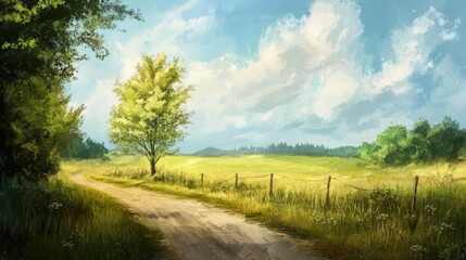 Obraz premium Serene countryside road winding through a vibrant green field under a partly cloudy sky.