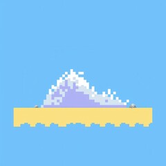 Fototapeta premium A colorful 8-bit pixel art of a glowing pixelated ocean wave crashing onto a sandy beach, surrounded by tiny sparkling shells, set on a pastel blue and yellow background for a tropical paradise 