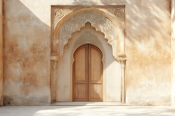 Ornate Moorish Archway: Carved Stone, Wooden Doors, and Sunlit Wall.