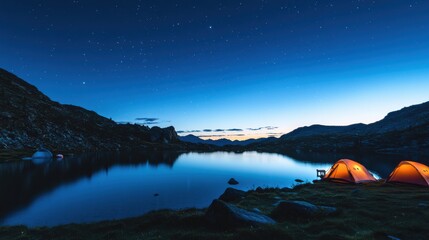 A rustic camping scene by a remote mountain lake, Tents nestled among towering peaks, Alpine solitude style