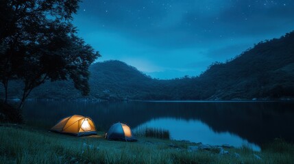 A rustic camping scene by a remote mountain lake, Tents nestled among towering peaks, Alpine solitude style