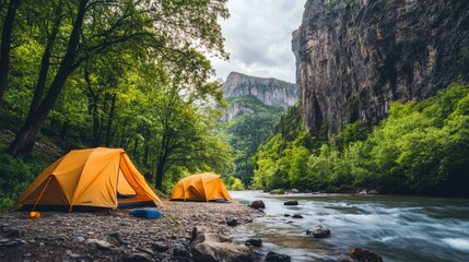 A rustic camping scene by a remote mountain river, Tents nestled under towering cliffs, Riverside solitude style