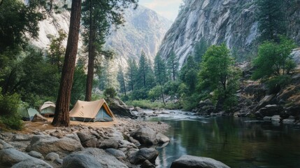 A rustic camping scene by a remote mountain river, Tents nestled under towering cliffs, Riverside solitude style