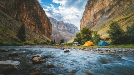 A rustic camping scene by a remote mountain river, Tents nestled under towering cliffs, Riverside solitude style