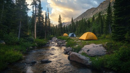 A rustic camping scene by a remote mountain stream, Tents nestled among forested slopes, Mountain solitude style