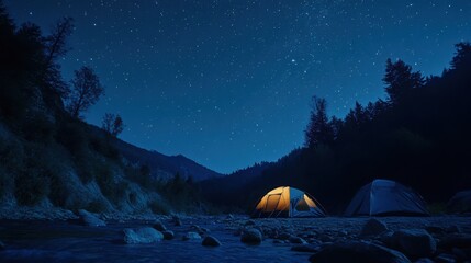 A rustic camping scene by a remote mountain stream, Tents pitched under a starry night sky, Starlit solitude style