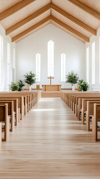 Modern church interior, wooden pews, sunlight, peaceful sanctuary, wedding ceremony.