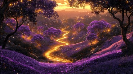 A vibrant fantasy valley with glowing purple trees and a golden river winding through the hills.