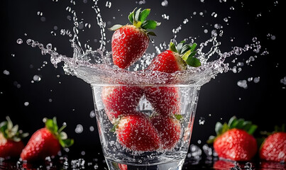 Fresh red strawberries falling into a glass and splashing water droplets