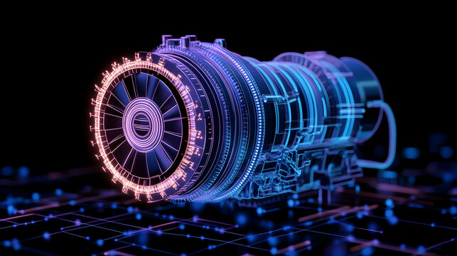 Neon Jet Engine Hologram, Digital Technology, Dark Background, Futuristic Design, Industrial Use.