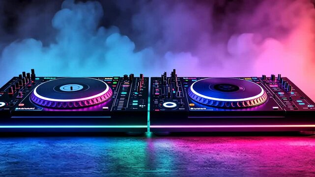 Colorful party background with DJ deck and smoke on a black, night club concept. View of two vinyl turntables and mixers for a DJ in a dark room. Neon lights, bokeh, copy space.