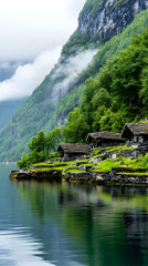 Fototapeta premium Norwegian Fjord Houses, Misty Mountains, Calm Water, Travel Poster.