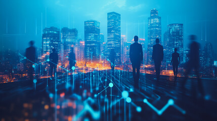 Obraz premium abstract professional business team people innovation connection of line from nail node to node on Smart Innovation city with connection cyber security network reciprocity , networking concept