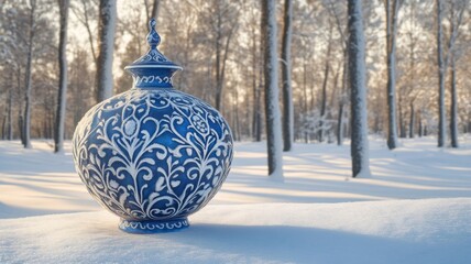 Blue Ornate Urn Rests In Snowy Winter Forest