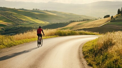 Obraz premium A scenic road cycling journey through picturesque countryside, Bicycles and cycling gear amidst rolling hills and winding roads, Documentary travel style