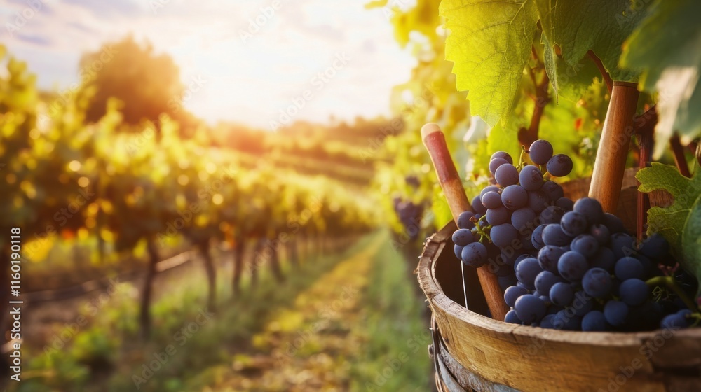 Poster a scenic vineyard with wine-making tools amidst rows of grapevines, vineyard harvest and winemaking 