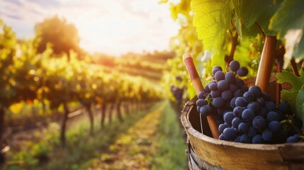 A scenic vineyard with wine-making tools amidst rows of grapevines, Vineyard harvest and winemaking style, photo of