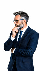 Fototapeta premium Pensive businessman studio portrait, thoughtful expression, white background, corporate profile, website use.