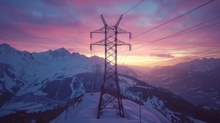 Electric tower on snowy mountain peak at sunset.