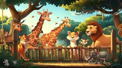 cartoon animals in a zoo with a fence and trees