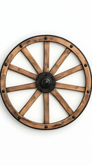 Rustic Wooden Wagon Wheel on White Background; Western Theme; Home Decor.