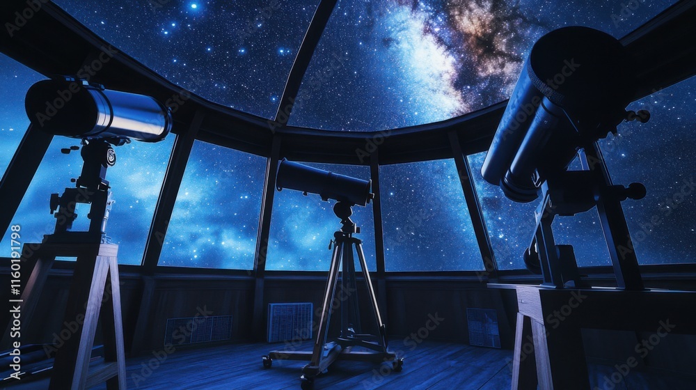 Poster a serene astronomy observatory with telescopes and celestial charts, astronomical tools arranged und