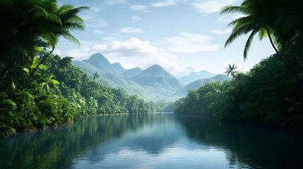 Serene Tropical River, Lush Jungle, Mountain Background, Relaxation, Travel Poster.
