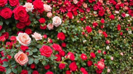 Vibrant red roses covering the entire wall, creating a stunning natural backdrop, backdrop, blooming