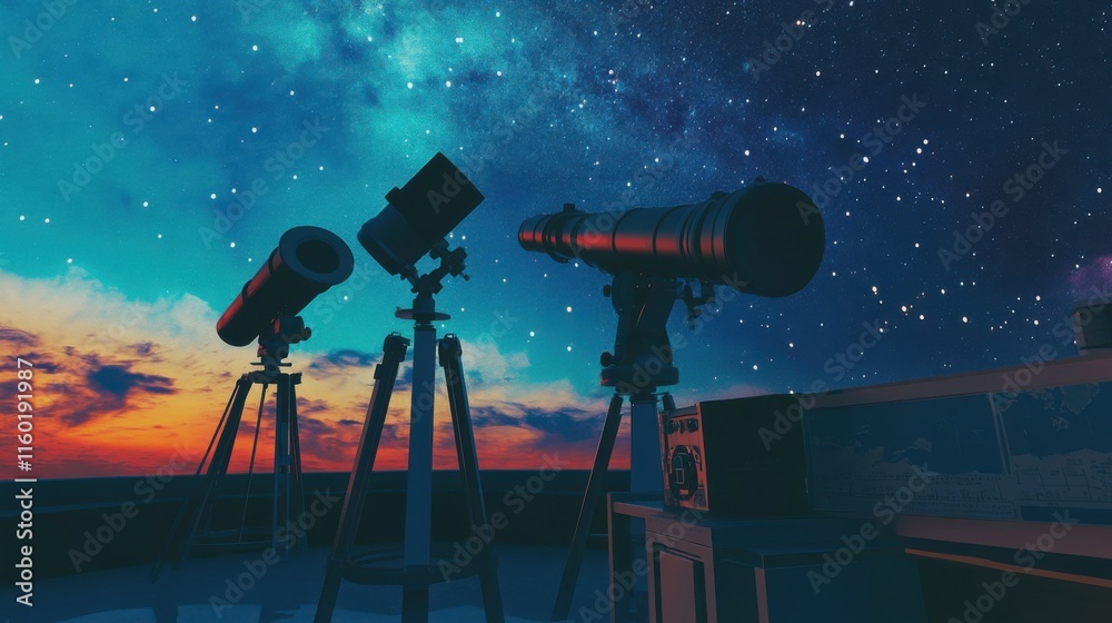 Aufkleber a serene astronomy observatory with telescopes and celestial charts, astronomical tools arranged und