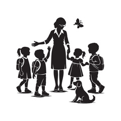  Kindergarten teacher with children silhouette vector art  black color design and solid white background 