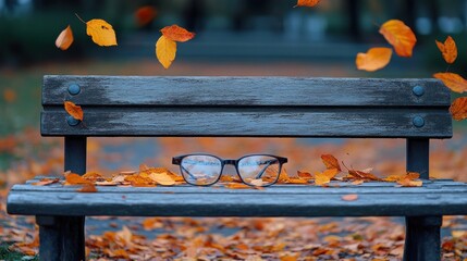 Glasses rest on autumnal park bench.