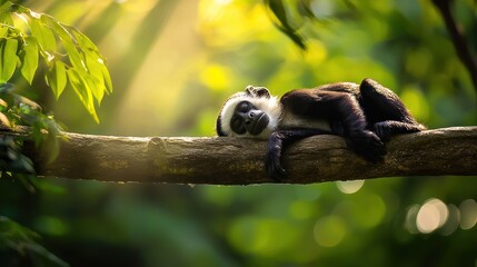 A black and white monkey sleeps peacefully on a tree branch in sunlight.