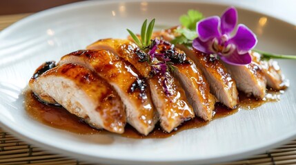 Sliced glazed chicken breast on a white plate, garnished with herbs and orchid.