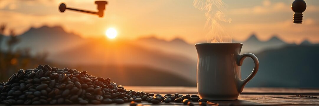 Vintage coffee setup on wooden table overlooking mountain range with manual grinder, scattered beans, steaming cup, and warm sunrise light, nostalgia, manual grinder